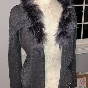 Elegant Gray Sweater with Feather Trim
